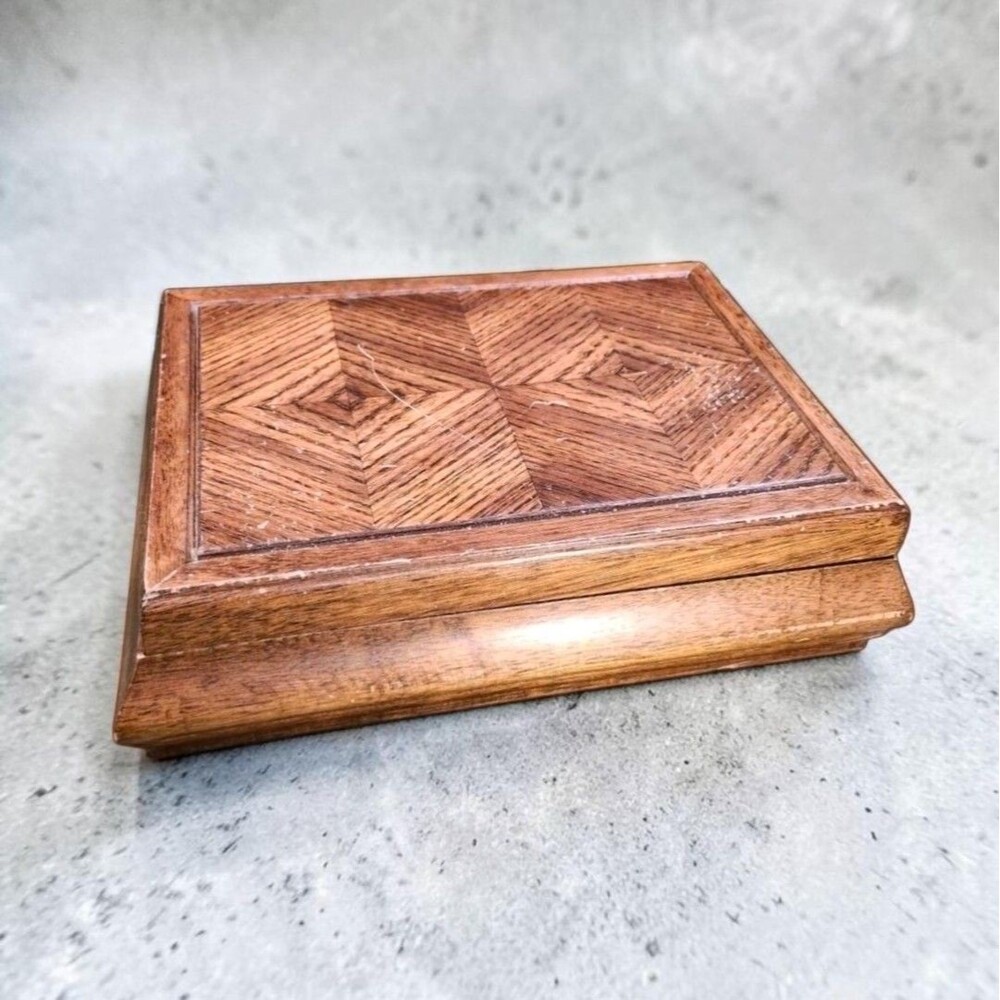 Vintage 1970s Wood Jewelry Box Orange Velvet Parquet Lid Jay Import Co 13" Retro